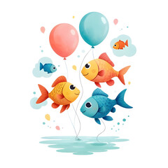 Fototapeta na wymiar Funny Fish Holding Colorful Balloons story book cover design