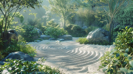 A tranquil Zen garden, with meticulously raked sand and lush greenery set against a backdrop of...