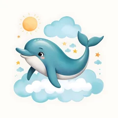 Stof per meter Walvis Joyful Dolphin Sleeping on a Cloud for kids story books