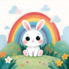 Obraz na płótnie Canvas Simple Bunny Hiding Behind a Rainbow for kids story books