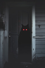 A dark animal figure with red eyes in front of a bedroom