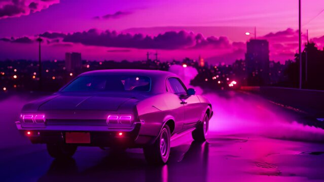 Vintage muscle car parked on the street at night. 80s styled synthwave retro scene with powerful drive in evening