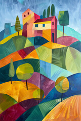A cubism painting of house on green hills