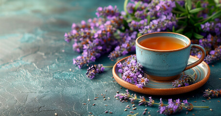 Obraz na płótnie Canvas A cup of herbal lavender tea. A mixture of dry lavender for alternative medicine. A useful herbal tea to boost immunity. Tea with violet herb.