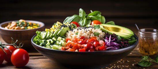 A delicious Buddha bowl is displayed on a wooden table, filled with fresh ingredients such as avocado, tomatoes, and lettuce, creating a colorful and nutritious meal option.