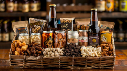 A beautifully arranged gift basket filled with artisanal snacks locally made craft beers and other treats. This perfect combination of indulgences is a great way to spoil