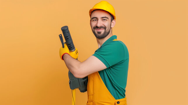 Portrait of confident cool man repair hole perforator ready to renew flat apartment wear yellow overalls green t-shirt isolated over Coral color background professional photography