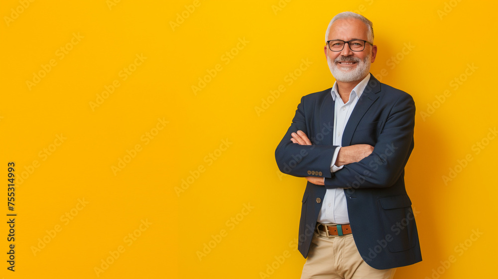 Wall mural Portrait of successful businessman standing against yellow wall. Smiling senior entrepreneur in formal clothing looking at camera. Mature happy man isolated on yellow background with copy space