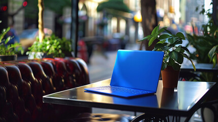 A vibrant cobalt blue laptop adds a pop of color to a minimalist caf?(C) table, inspiring creativity and innovation in a bustling urban environment. - obrazy, fototapety, plakaty