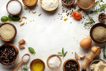 Spices and cooking ingredients Arranged around the edges of the image, the empty space in the center on a white background