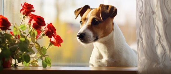 A Jack Russell Terrier sits on a windowsill next to houseplants, looking out the window. The dog wags its tail, eagerly waiting for its owner to return. In the background, red roses bloom in a glass