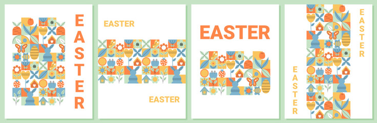 Geometric Easter banners set in retro abstract style for holiday design. Flat minimal spring vector illustration