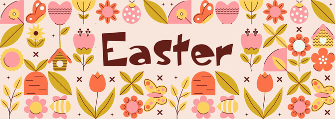 Geometric Easter seamless banner in retro abstract style for holiday design. Spring and summer concept. Flat minimal vector illustration