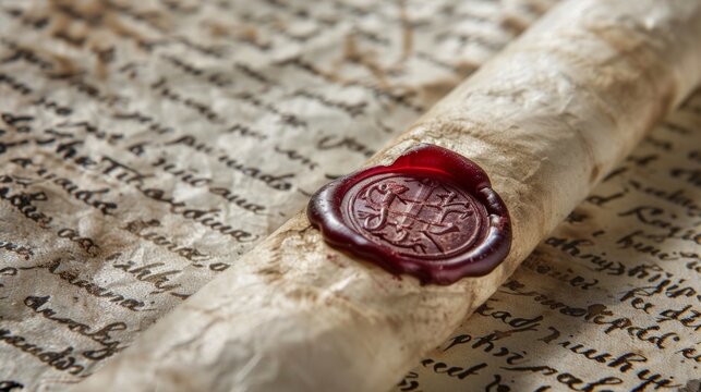 A closeup of a delicate parchment scroll with faded writing and a wax seal. The image evokes a sense of mystery and curiosity inviting the viewer to explore the knowledge