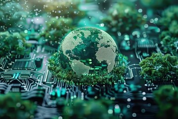 The concept of integrating AI technology for sustainability and greener Earth. Ecological, environment, conservation, futuristic, eco-conscious, global, advancement, green initiatives, smart solutions