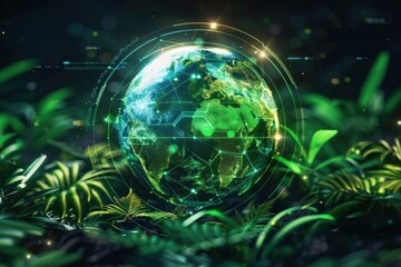 The concept of integrating AI technology for sustainability and greener Earth. Ecological, environment, conservation, futuristic, eco-conscious, global, advancement, green initiatives, smart solutions