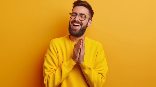 Young handsome man with beard wearing casual sweater and glasses over Coral background clapping and applauding happy and joyful, smiling proud hands together professional photography