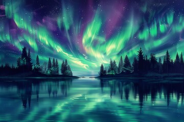 Northern lights dancing over a calm lake