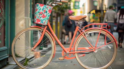 A vibrant coral retro bike with a floral print saddle, adding a touch of tropical charm to city streets.