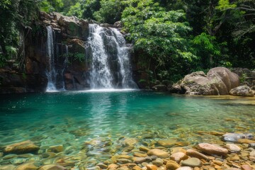 Fototapeta na wymiar A beautiful waterfall cascading into a crystal clear pool. Surrounded by lush green leaves
