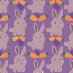 Obraz na płótnie Canvas Easter bunny with carrot on purple background.Concept for naive pattern,baby fabric print ,textile print ,poster design,greeting background or invitation card for party backdrop in holiday easter day