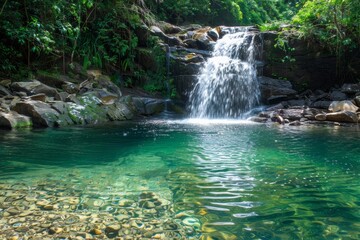 Fototapeta na wymiar A beautiful waterfall cascading into a crystal clear pool. Surrounded by lush green leaves