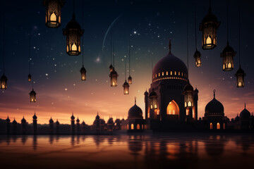 traditional Ramadan lanterns silhouetted against a twilight sky, Ramdan concept.  - obrazy, fototapety, plakaty