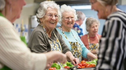 A group of seniors is happily chatting and exchanging ideas after a cooking demonstration at the hospitals nutrition center where they learned how to prepare healthy and affordable