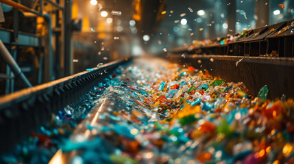 Shredded plastic waste on a conveyor belt in a recycling factory