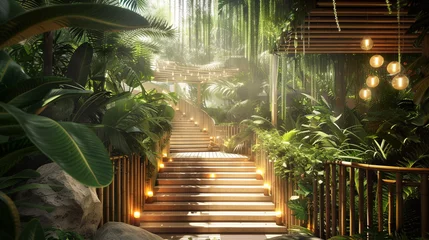Plexiglas foto achterwand A tropical paradise staircase with bamboo railings and lush foliage draping overhead © zooriii arts