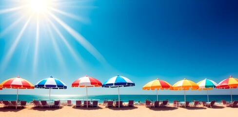 A sandy beach with colorful umbrellas and sun loungers