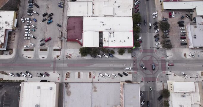 drone shot of downtown traffic in San Angelo, Texas Historic Downtown
