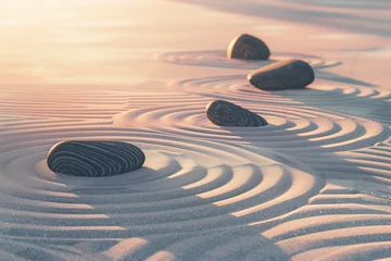 Photo sur Plexiglas Pierres dans le sable Serenity at Dawn: Zen Stones and Raked Sand Patterns Bathed in the First Light of Morning