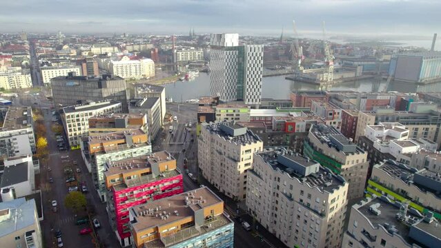 Helsinki view of clarion hotel drone shot in summer time