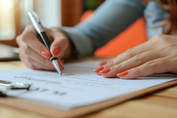 Close-up view of hand signing official documents with a ballpoint pen, focused on the task at hand. - obrazy, fototapety, plakaty