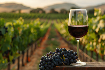 Sunset vineyard backdrop enhancing a wine tasting experience with a glass of red and grapes.
