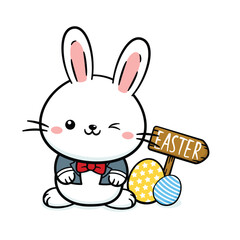 Cute White Baby Easter Bunny Rabbit In Tuxedo With An Egg And A Sign