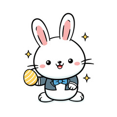 Obraz na płótnie Canvas Cute White Baby Easter Bunny Rabbit In Tuxedo With An Egg