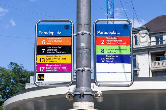 Sign at the tram stop in Paradeplatz area, the place is a square on Bahnhofstrasse in downtown, expensive pieces of real estate, Zurich Transport Network