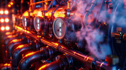 A powerful engine rumbling as it generates steam with pipes and gauges releasing the excess pressure.