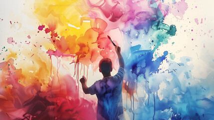 A Boy Painting a Watercolor Mural Artistic Concept Banner