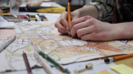 A closeup of a students hands as they carefully sketch out a detailed design on a piece of paper surrounded by pencils erasers and swatches of fabric.