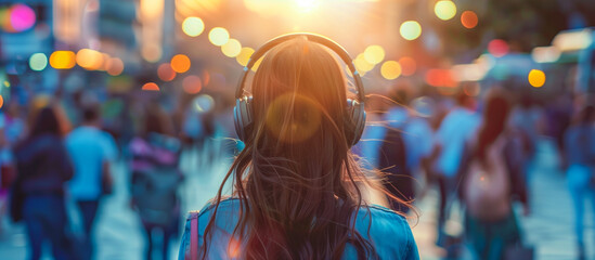 young people listening music with headphone in crowded people