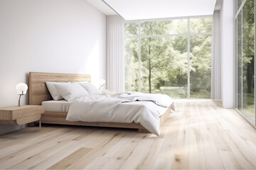 Fototapeta premium Scandinavian bedroom interior. white bright bedroom with a wooden bed and a large window 