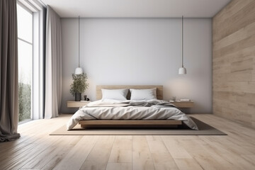Scandinavian Bedroom In A Luxurious Cottage House. Digitally image of a bedroom interiors with minimal furniture. stylish bedroom in a minimalist design with panoramic windows and forest views
