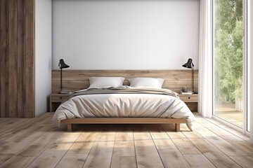Scandinavian Bedroom In A Luxurious Cottage House. Digitally image of a bedroom interiors with minimal furniture. stylish bedroom in a minimalist design with panoramic windows and forest views