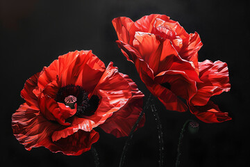 Artistic oil painting: 2 bright red poppy flowers on solid black background, high contrast, central...