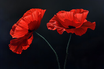 Artistic oil painting: 2 bright red poppy flowers on solid black background, high contrast, central...