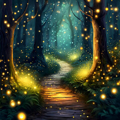 A mysterious forest path brightly lit with fireflies