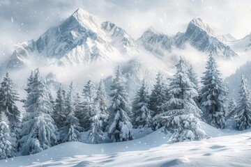 Snow-capped peaks with alpine trees